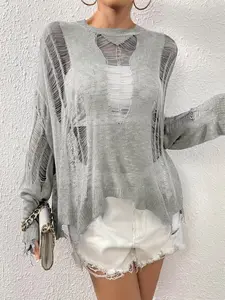 Women's Fashion Versatile Knit Top, Trendy Ripped Edge Sweater, Party Beach Wear, Loose Long Sleeve Plain Hollow Out Pullover