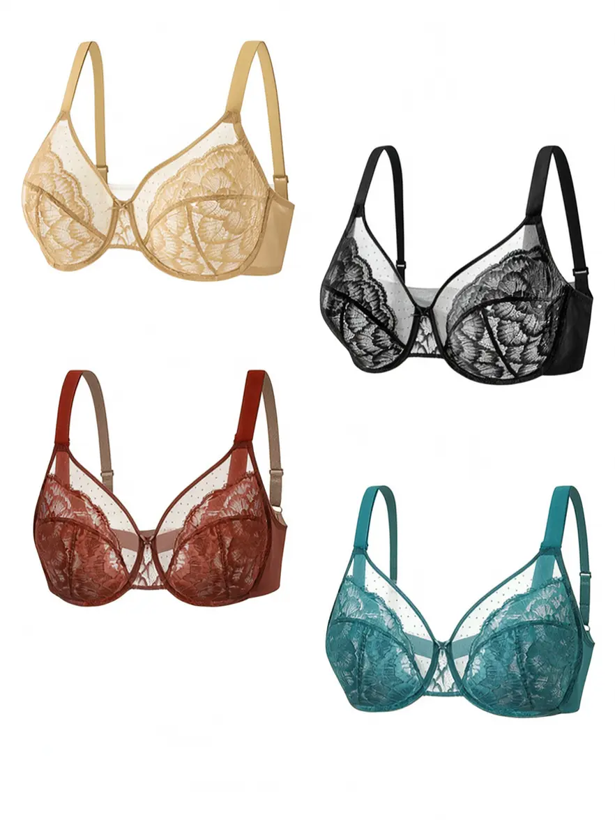 4-Pack Women's Plus Size Bras  Full Coverage Underwire V-Neck Breathable Comfortable Assorted Soft Lace Shades for Year-Round Replacement