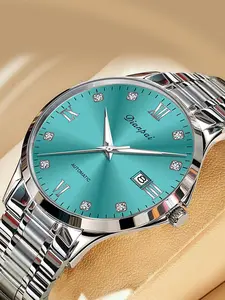Men's Classic Rhinestone Decorated Analog Mechanical Watch, Fashion Waterproof Luminous Calendar Watch for Party, Daily Clothing Decor, Trendy Exquisite Watch for Gift