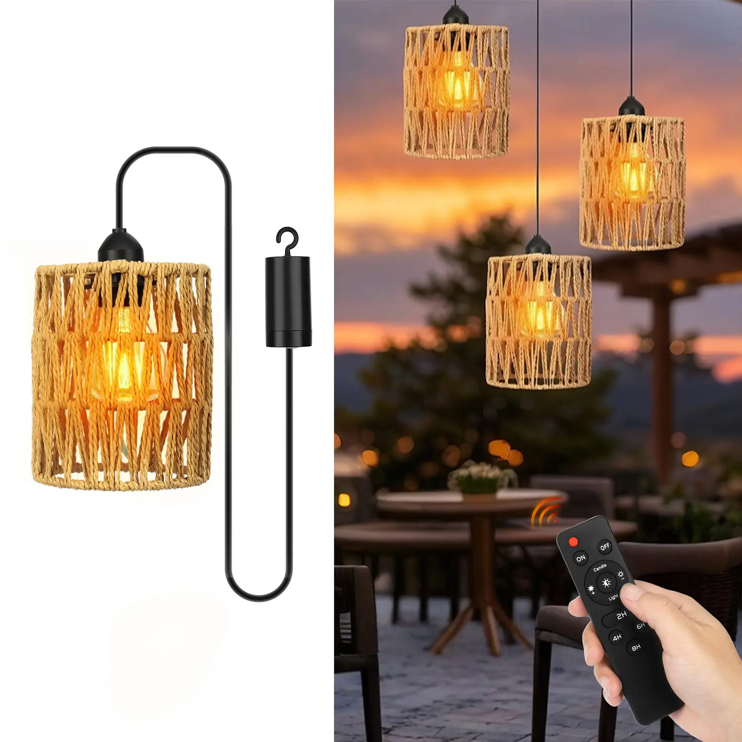 Boho Woven Rattan Decorative Pendant Light - Rechargeable Wireless Lamp with Remote Control, E27 Socket, Cordless Battery-Operated Hanging Fixture, No Hardwiring for Indoor Home, Patio Decor
