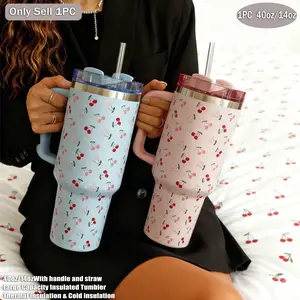 1200ML Stainless Steel Insulated Cup with Handle, Cute Cherry Design, Travel Coffee Mug, Vacuum Bottle, Insulated Drinkware, Vacuum Flasks, Tumbler, Perfect for Office & Home