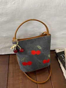 Korean Style Versatile Cherry Embroidery Bucket Bag, Handheld Shoulder Crossbody, Casual Trendy Handbag, Suitable for Daily Use, Dates, Dinners