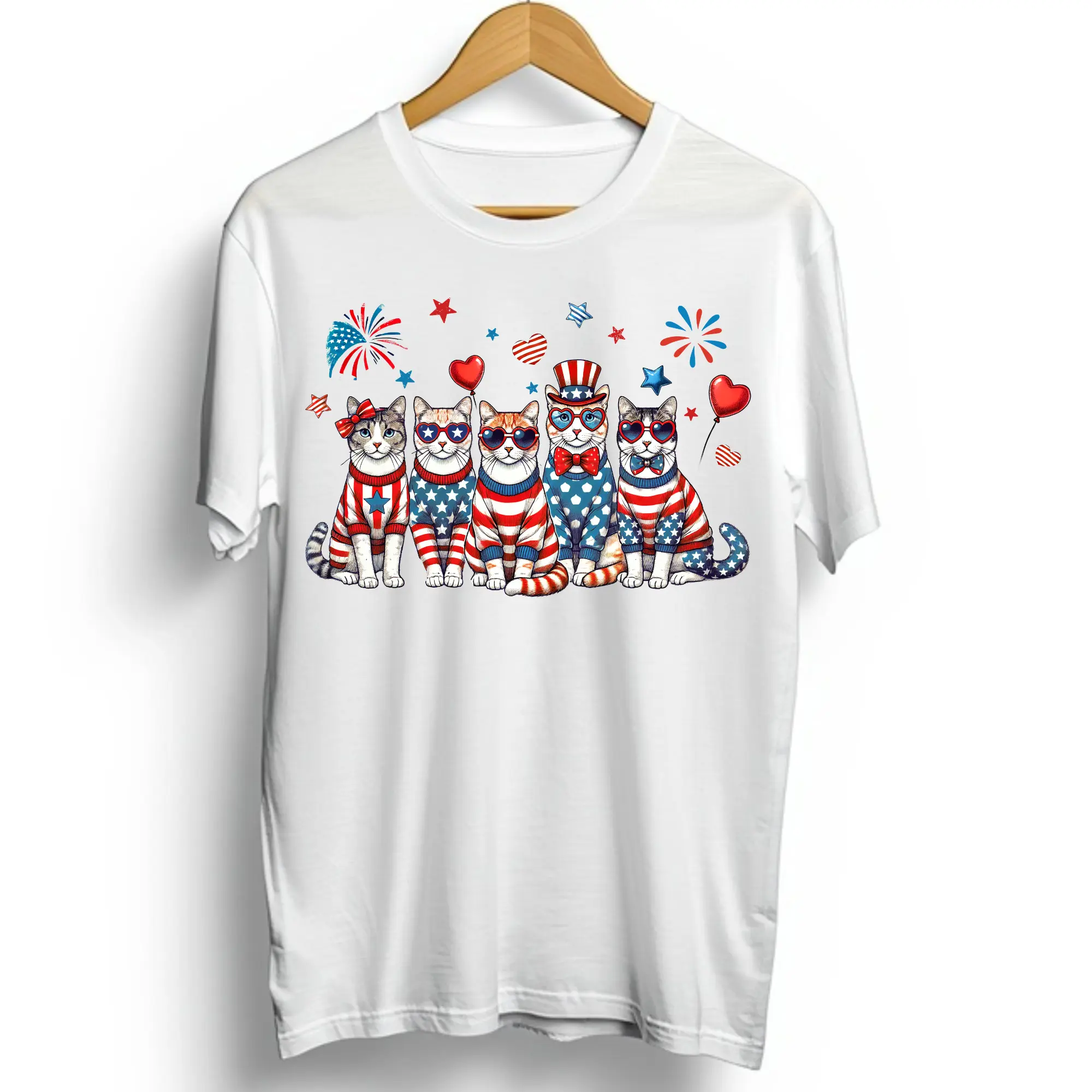 Patriotic Cats or Dogs Red-White-Blue Direct-to-Film (DTF) Print - Ready-to-Press for T-Shirts, Sweaters - Ideal for DIY Projects with Balloons, Bows