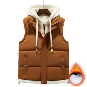 Men’s Caramel-Colored Faux Two-Piece Hooded Cotton Vest – Fleece-Lined, Thickened, Warm Sleeveless Jacket, Street-Trendy Winter Coat