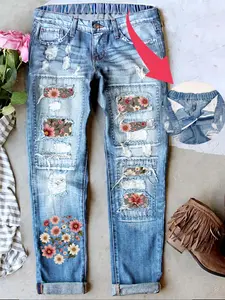 Women's Valentine's Day Patch Ripped Distressed Mid-Waist Boyfriend Fit Washed Floral Print Loose Denim Jeans, Womenswear, Button Elastic Waistband Breathable Comfort Fabric All Seasons Wear