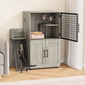 Grey Double Layer Cat Litter Box Enclosure with Platform, Ladder & Scratch Pad – Hidden Litter Box Cabinet for Living Room or Bedroom