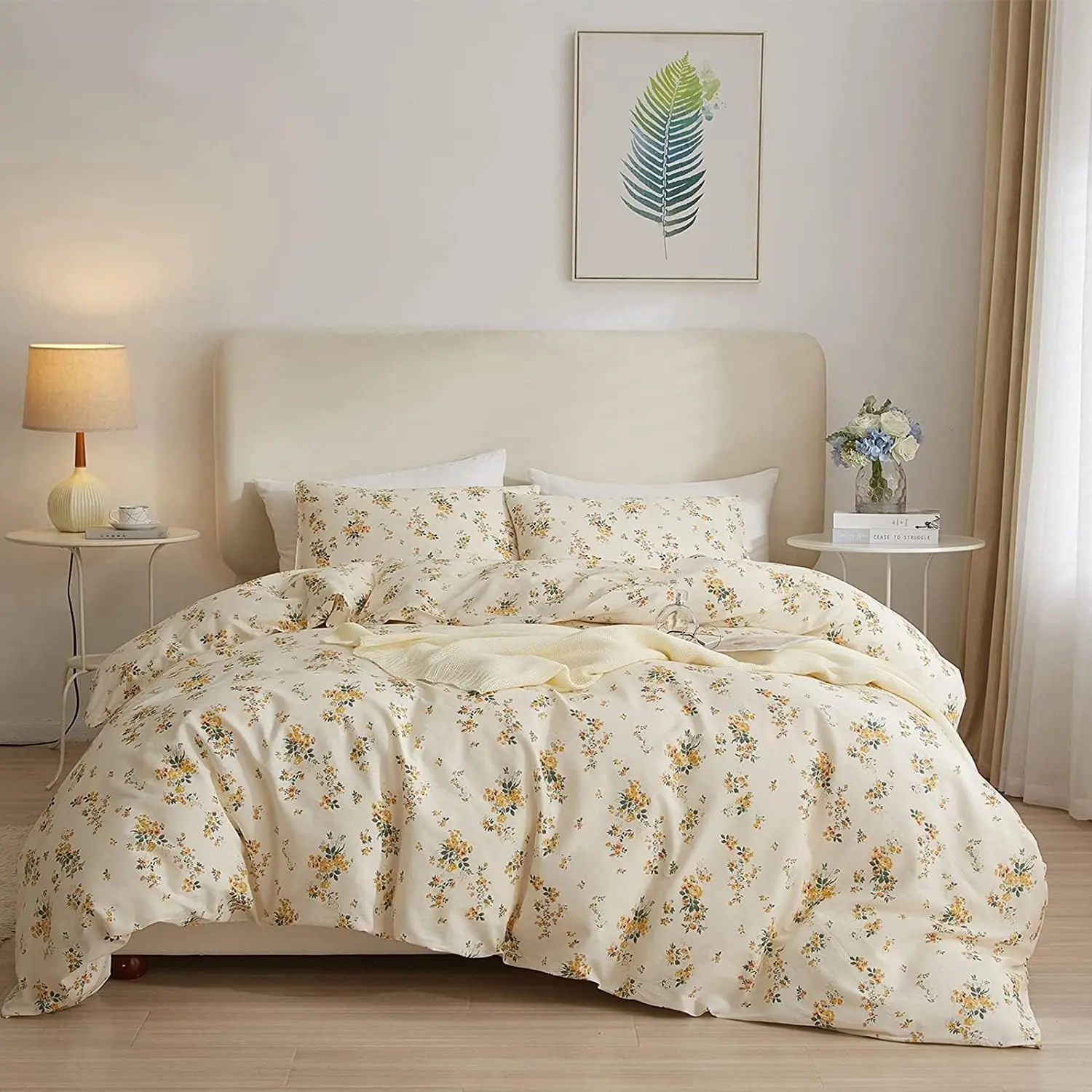 Queen Size Pure Cotton Breathable Yellow A1# Flower Leaves Duvet Cover Set - B# Botanical Floral, Vintage Cottagecore Bedding with Tie & Pillow Sham, Women's Bedroom Decor (Set Includes Duvet Cover, Pillow Sham)