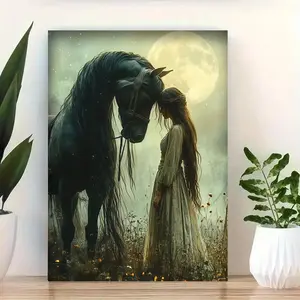 2D flat design, 2D flat design, 1 piece solid wood frame home mural decoration, retro Gothic Victorian style, horse and girl wooden frame printed poster art wall decoration, can be hung directly on the wall, home wall decoration, living room decoration, b