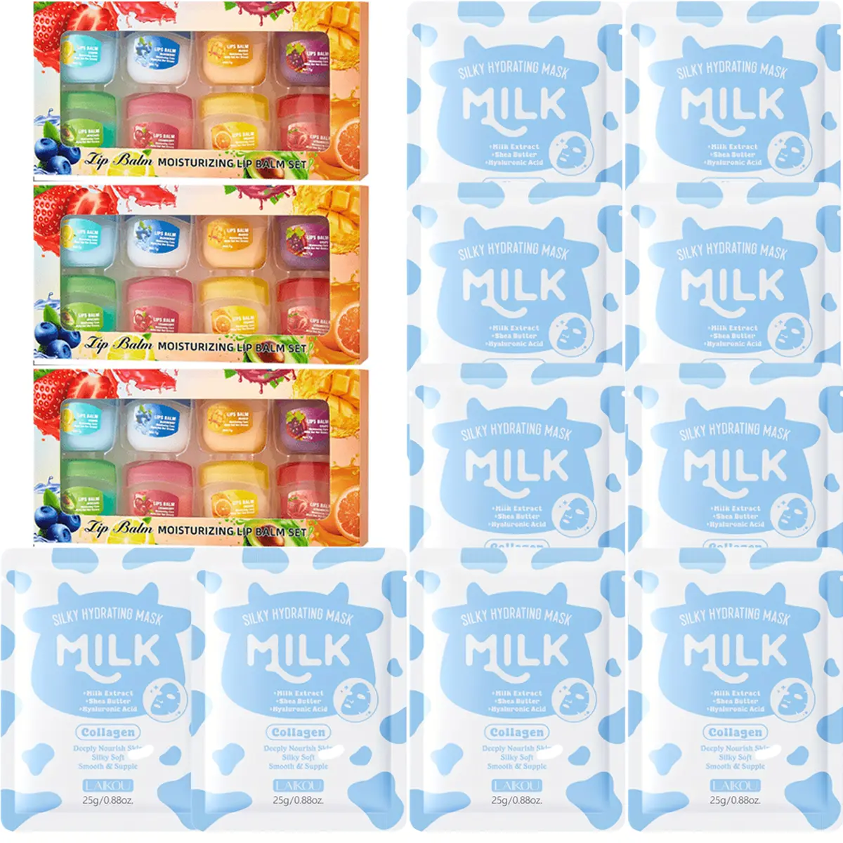 34pcs Set Multifruit Lip Mask and Milk Collagen Mask Set Sleeping Lip Mask Lipstick Base Nourishing Moisturizing Lip Mask Compact Portable Easy to Carry Moisture Hydrating