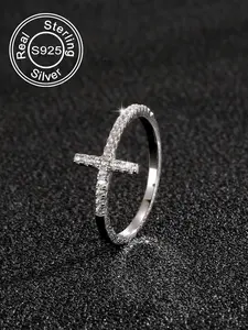 925 Sterling Silver Fashion Cross Design Cuff Ring, Adjustable Open Ring for Women & Girls, Trendy All-match Elegant Ring & Exquisite Jewelry for Birthday Gift Adjustable Rings