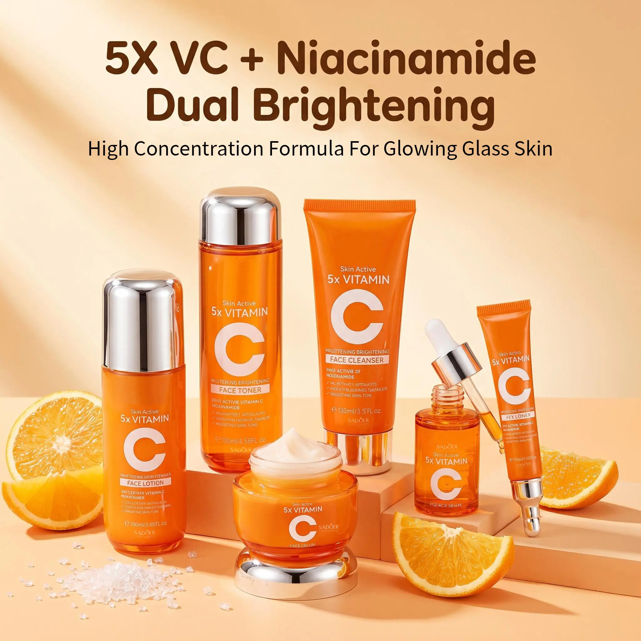 Korean 5X Vitamin C Skincare Set, 6-in-1 Skincare Gift Set with Cleanser, Toner, Serum, Lotion, Eye & Face Cream - Moisturizing Skincare Kit