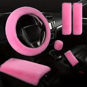 Hello Leiboo Gift box 6-piece set: fluffy synthetic wool steering wheel cover & soft handbrake cover & gear lever cover & 2 seat belt shoulder pads and center console cover, warm and versatile, suitable for gifting (pink)