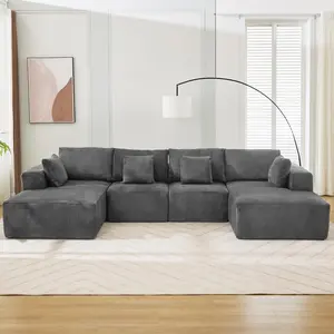 Garvee U Shaped Modular Cloud Couch Sectional with 4 Seats, 2 Chaise Longues, Corduroy Fabric, Boneless Design, Modern Style with Pillows for Living Room, Apartment, and Small Spaces