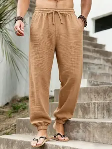 Men's Linen Pants Summer, Lightweight Drawstring Waist Long Pants, Slim Fit Design, Ideal for Vacation, Travel, Daily Casual Wear