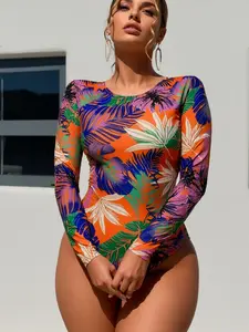 Woman's Tropical Palm Leaf Print Long-Sleeve   one-Piece Swimsuit, Back Cutout Rash Guard Bathing Suit for Surfing & Outdoor Sports woman nightclub style