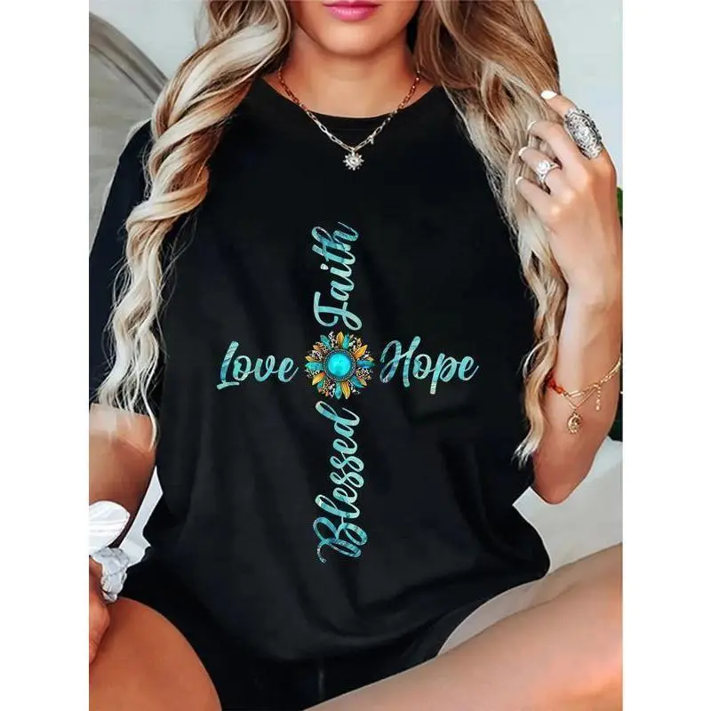 Unisex Jesus Faith Hope Love Sunflower Leopard Christian Women T-Shirt Christ Christian Tops