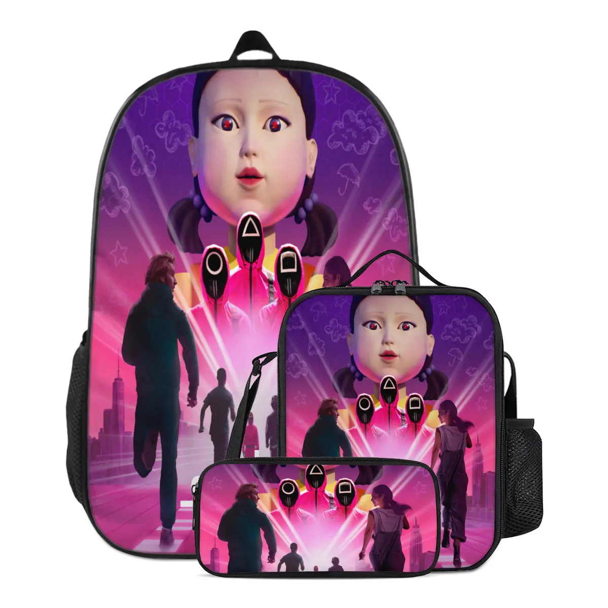 Trending Squid Game Full-Print 17" Waterproof Backpack - Durable Machine-Washable Design, Multi-Compartment Storage + Padded Straps for Commute, Travel & Outdoor Essentials School