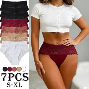 Women's Pack of 7 Minimalist Solid Color Mid-Waist Seamless High-Elasticity Triangle Panties - Heart Cutout Lace Trim, Skin-Friendly Breathable Fabric for Everyday Wear