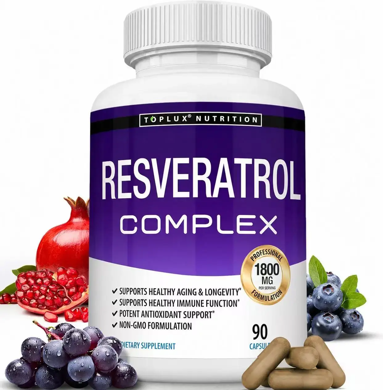 Toplux Nutrition Resveratrol Complex 1800mg, Max Strength Trans-Resveratrol Antioxidant Supplement with Pomegranate & Grape Seed Extract, Supports Healthy Aging, Immune Health & Longevity, Non-GMO, 90 Capsules Natural Edible Dietary Fitness Vitamin