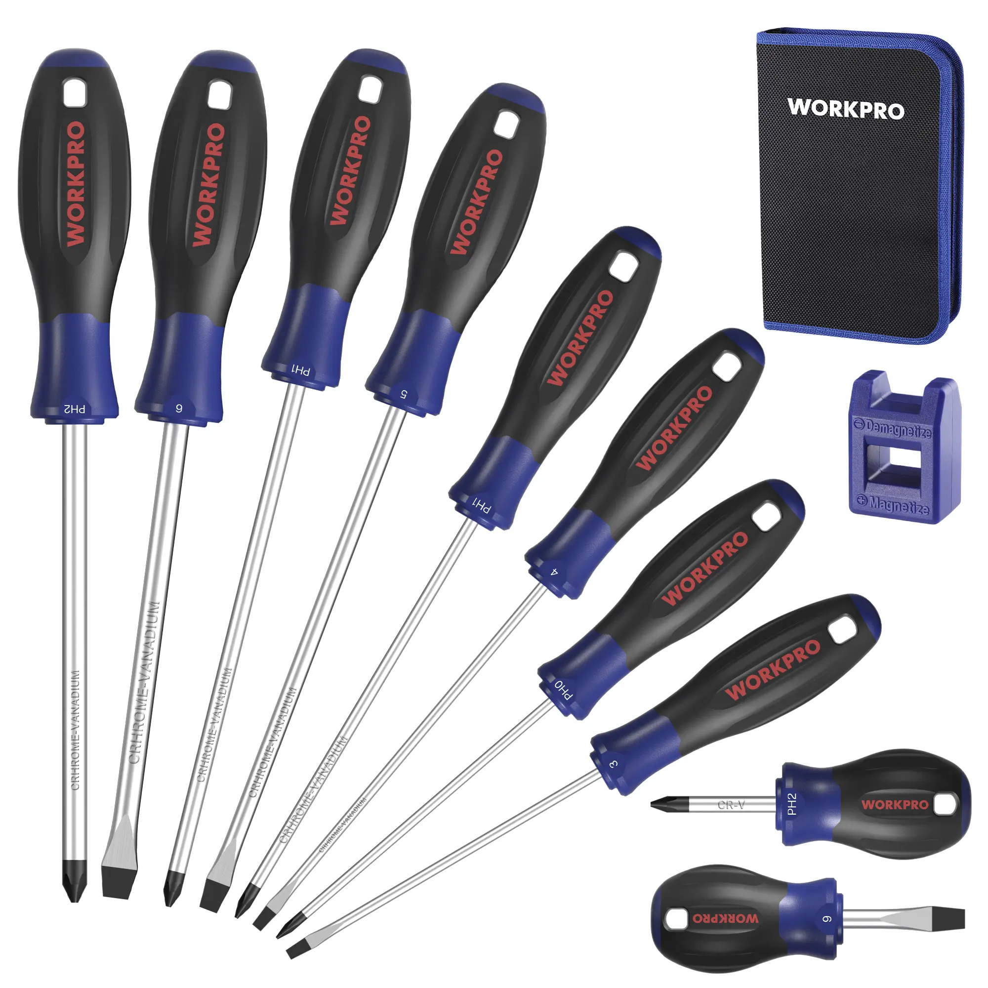 #backtoschool WORKPRO 10-Pack Magnetic Screwdriver Set with Pouch, Phillips, Slotted, Flat Head Screwdriver Include Magnetizer, Screwdriver with Non-Slip Grip, for Home Repair and DIY Projects