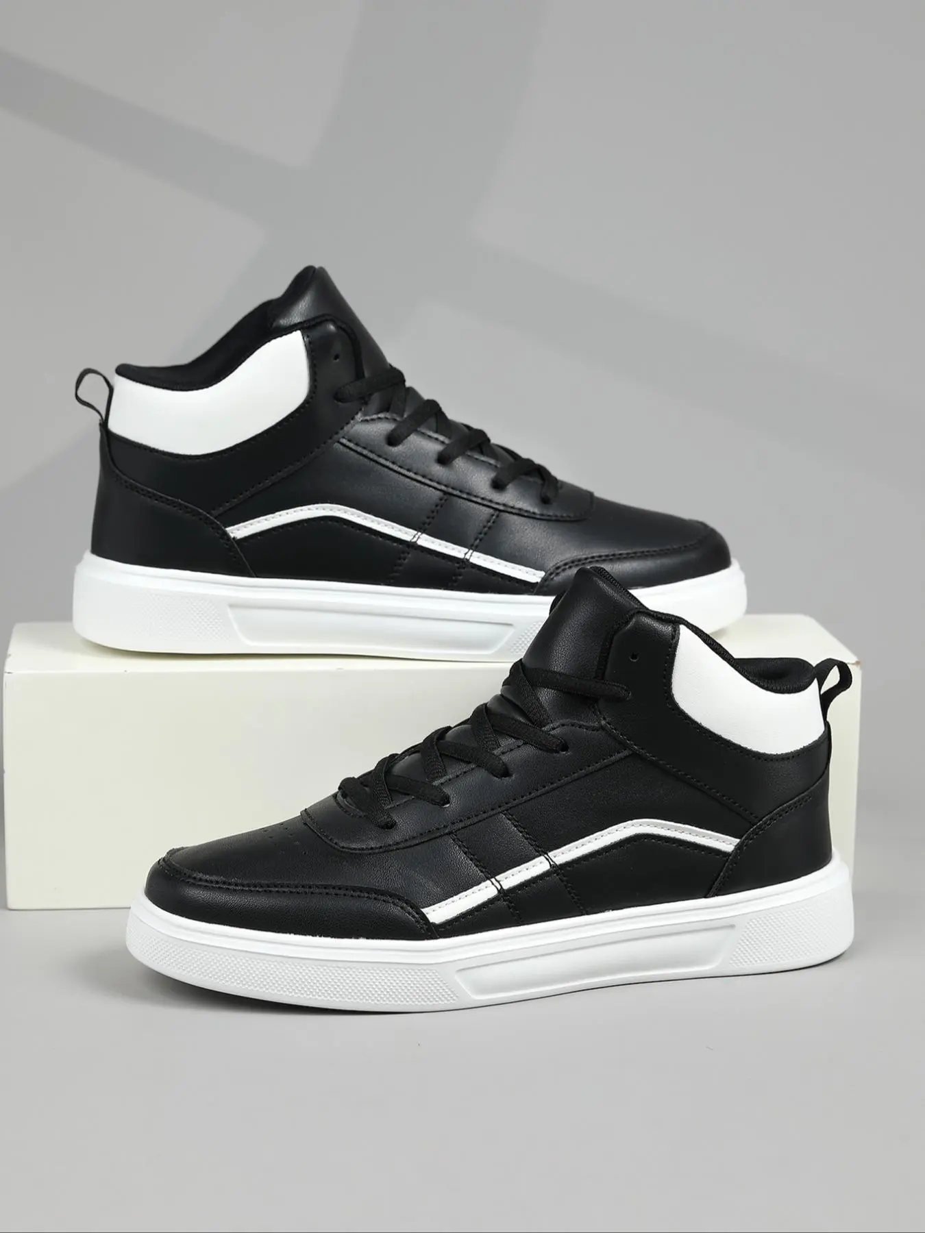 High-Quality High-Top Outdoor Men's Casual Shoes, Comfortable Breathable Laces Walking Sneakers, Sporty PU Leather, All Seasons