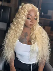 Blonde Synthetic Lace Front Wigs 613# Deep Curly Wig 13x4 HD Transparent Lace Wig Natural Density Preplucked Hairline Deep Wave Lace Frontal Wigs for Party Christmas Halloween 28 Inch Glueless Curly Wig