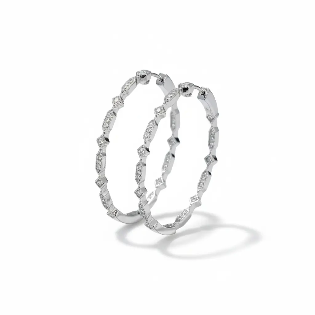 CZ In/Out Diamond Hexagon Hoop Earrings Rhodium Plated 925 Silver 44mm