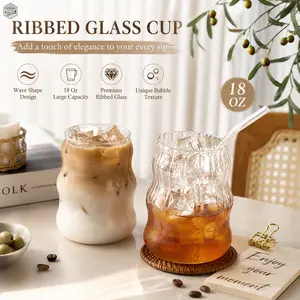 Ribbed Glass Cups, 18 Oz Vintage Drinking Glassware with Wave Shape Design, Bubble Cups for Iced Coffee, Juice, Beverage, Milk, Cocktails, Bubble Tea, and More