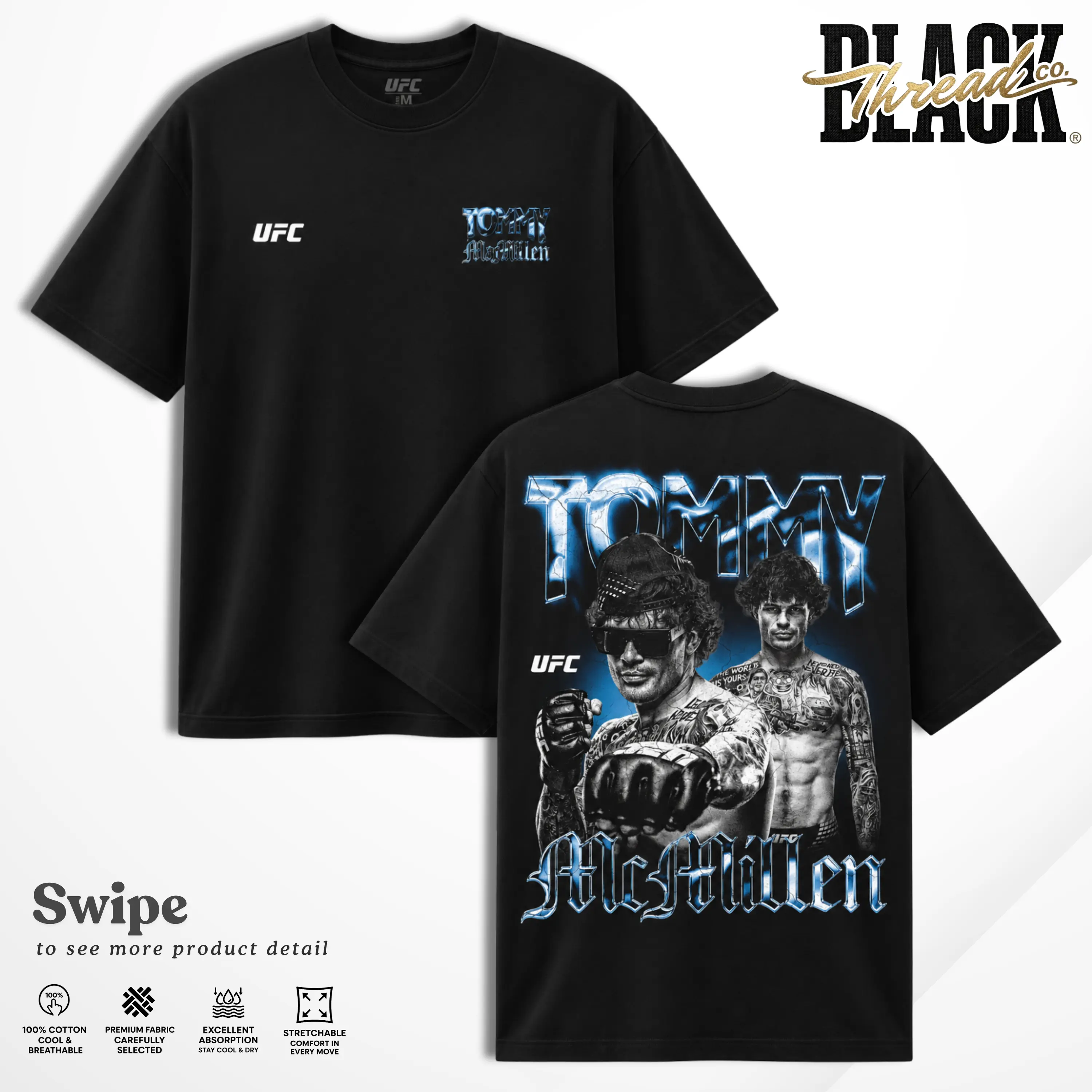 Men's UFC Tommy McMillan Black Gunz T-Shirt, Sports Unisex Premium 100% Cotton MMA Fighters Graphic Tee, Top Streetwear Clothes NightFight Gift Fans