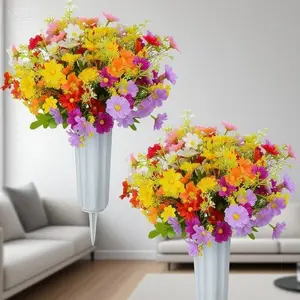 Silk Daisy Flowers for Cemetery Decoration, Artificial Memorial Floral Arrangement with Vase, Assorted Colors for Grave Headstone, Spring Summer Grave Decor, Durable Faux Daisy Bouquet