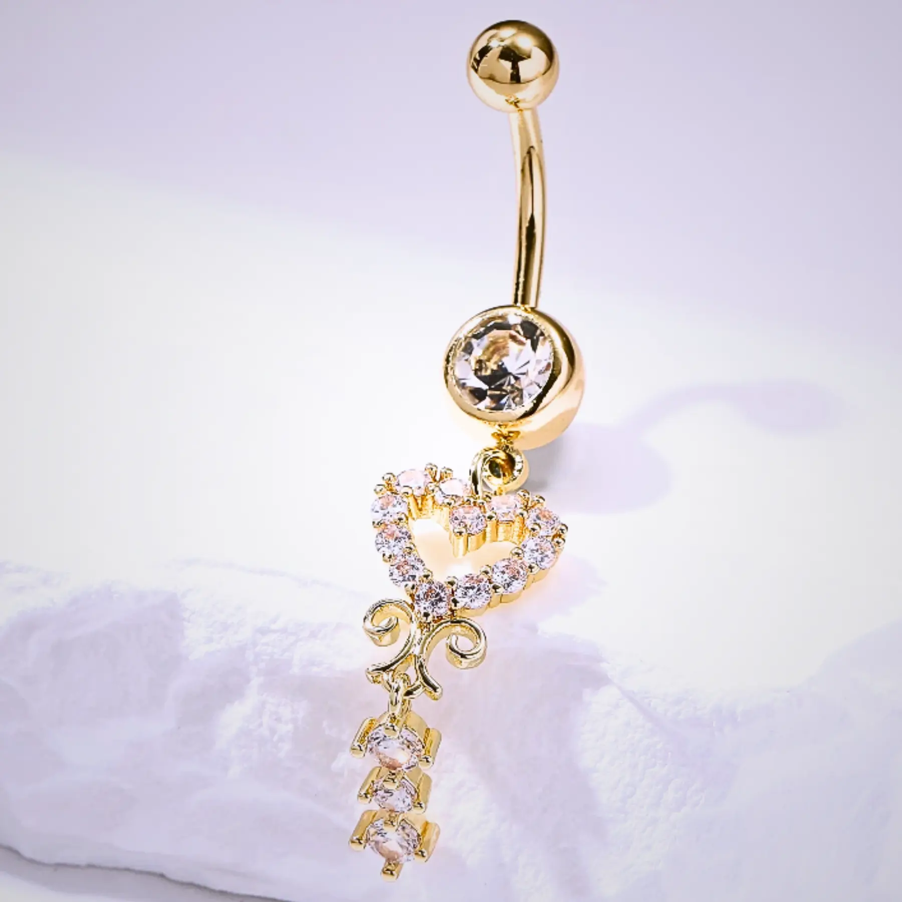 Women's Heart Belly Button Ring, Gold Tone Rhinestone Navel Piercing Jewelry For Daily Wear & Parties