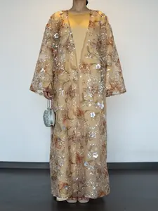 Women's 2-Piece Embroidered Beaded Sequins Open Floral Abaya and Satin Lined Dress Set (Open Abaya + Inner Dress)