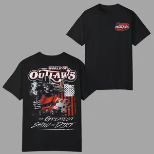 World of Outlaws T-Shirt, Skeleton Gunslinger and Sprint Car Graphic 2 Sides, Greatest Show on Dirt Theme, Soft Cotton Racing Tee for Men & Women, Summer Deals, Vacation Outfits