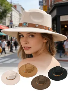 Vintage Western Cowboy Hat, Wool Wide Brim Sun Hat, Turquoise Belt Decor, American Retro Denim Style, Unisex Outdoor Travel Cap