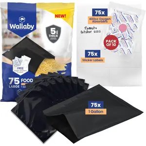 Wallaby 1-Gallon Mylar Bags with 400cc Oxygen Absorbers (75 Count) 10 Mil Total Thickness, - Heat-Sealable Airtight Packaging - Matte Black