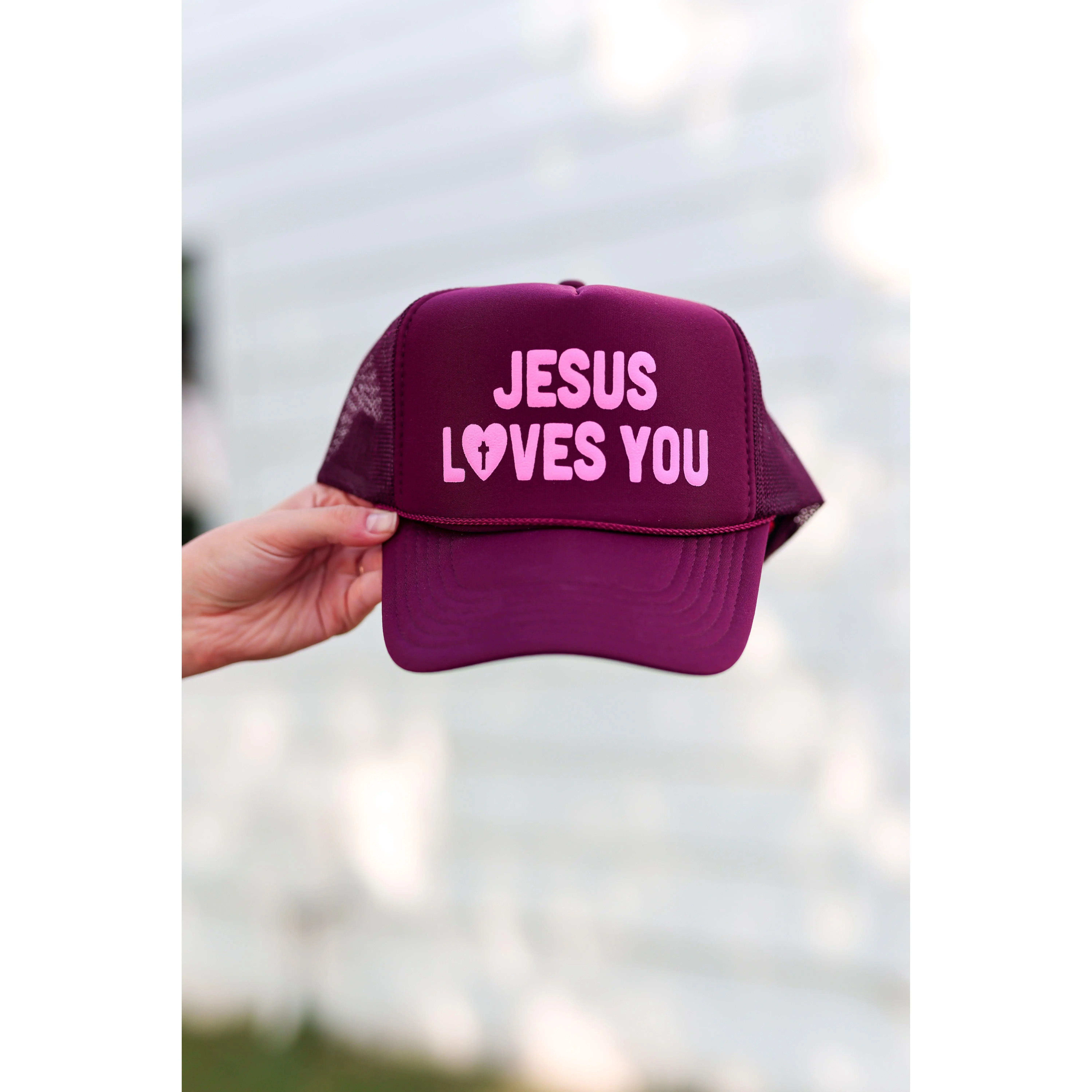 Trucker Hat - Jesus Loves You (Maroon/Pink)
