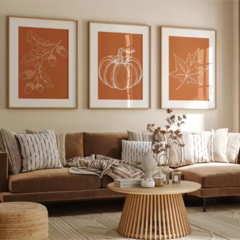 3pcs Frameless Autumn Leaves Pumpkin Pinecone Canvas Prints, Vintage Aesthetic Art Posters for Bedroom Living Room Home Decor