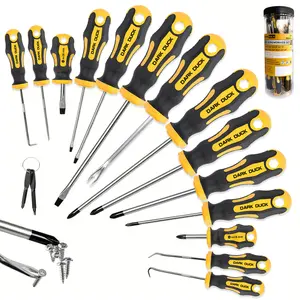 DARK DUCK 16pcs Magnetic Screwdriver Set, Chrome Vanadium Steel, Lemon Yellow, Polished Finish, Flat & Phillips Heads,Nail Puller Includes Pick & Hook Tools, for Mechanics, Construction, Carpentry Hardware