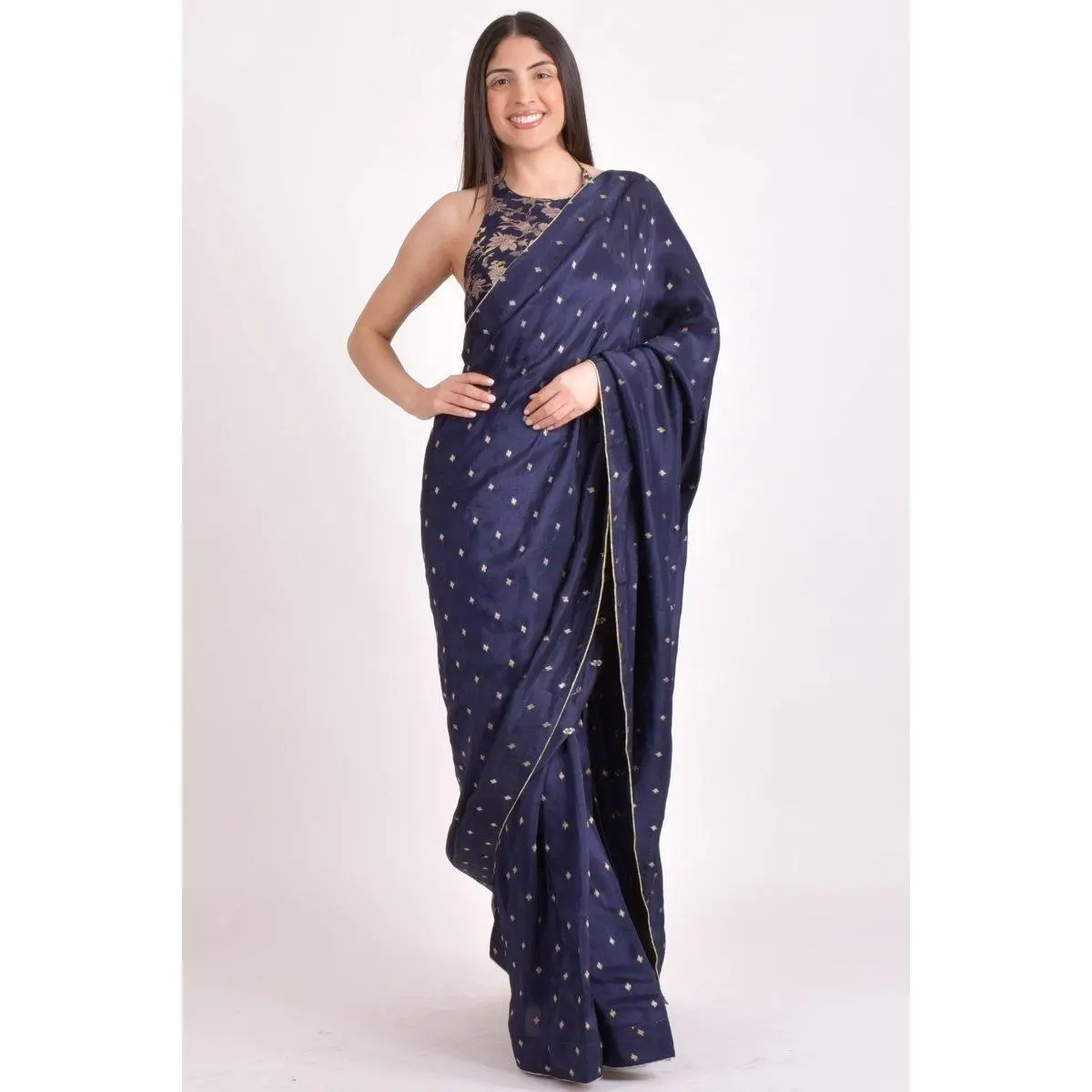 Navy Jacquard Floral Pre-Pleated Saree