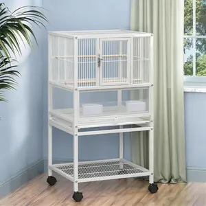 Portable Acrylic Bird Cage with Storage Shelves – 32" Tall Travel Carrier for Parakeets, Parrots, Small Birds – Medium White Cage