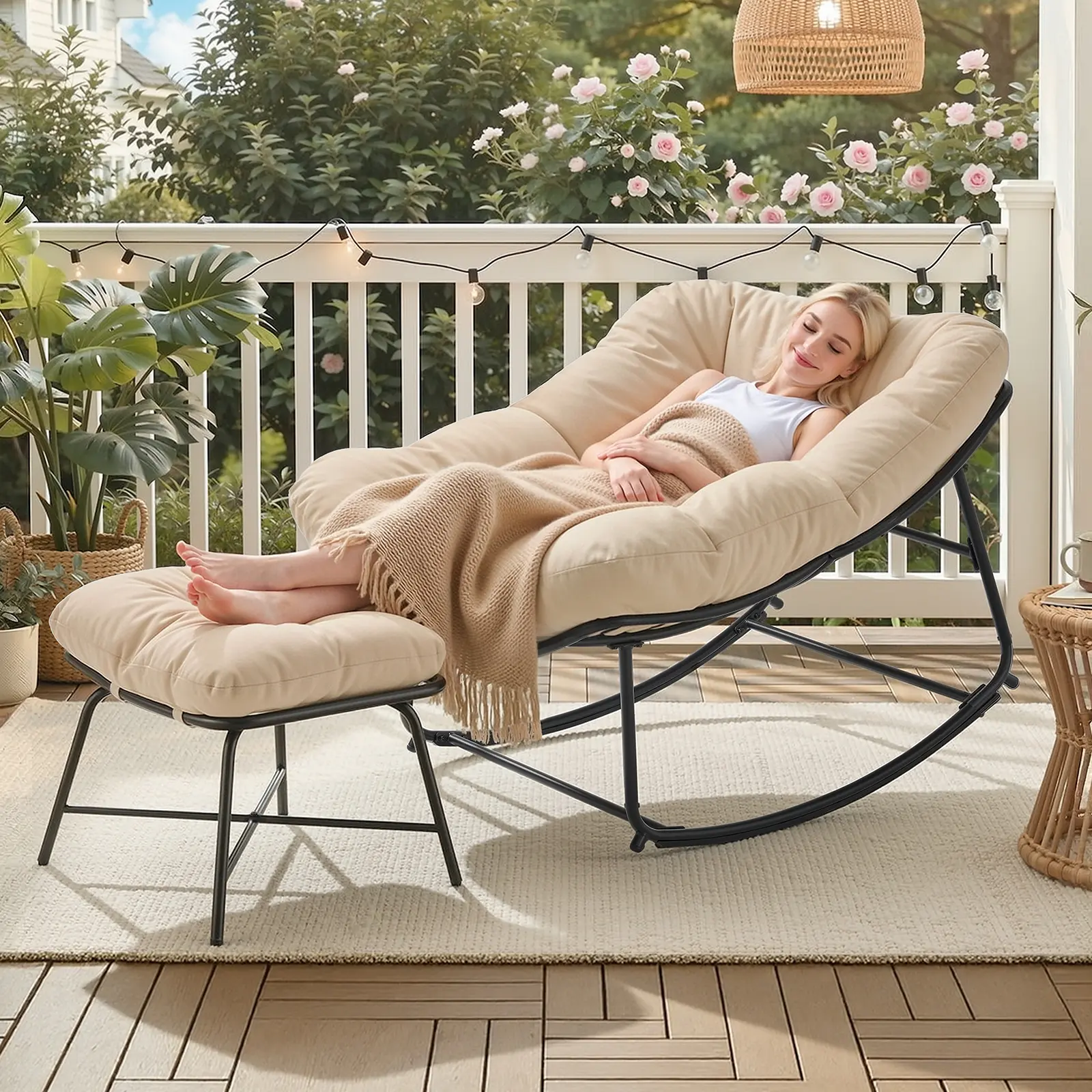 ONBRILL Outdoor Rocking Chairs with Ottoman, Papasan Rocking Chair, Beige | Oversized Lounge Rocker with Padded Cushions for Living Room, Porch, Patio, Garden