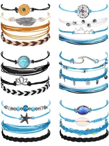 24 Pcs String Bracelets for Women Men Waterproof Surfer Wave Boho Bracelet Adjustable Handmade Friendship Rope Bracelets String Summer Ocean Beach Colorful Bracelets Anklets for Women Beaded Bracelet Set