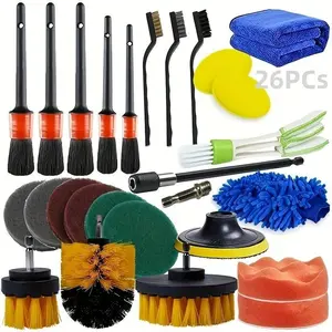 Car interior cleaning brush set, car interior cleaning tool kit, car drilling brush / wheel hub brush / ventilation port brush / polishing sponge pad set / cleaning cloth / cleaning cloth, Car Detailing Brushes