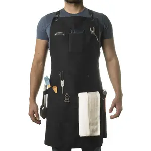 Chef and BBQ Apron with Bottle Opener and Hand Towel - 10oz Cotton Canvas, Stainless Steel Hardware - Cross  Straps