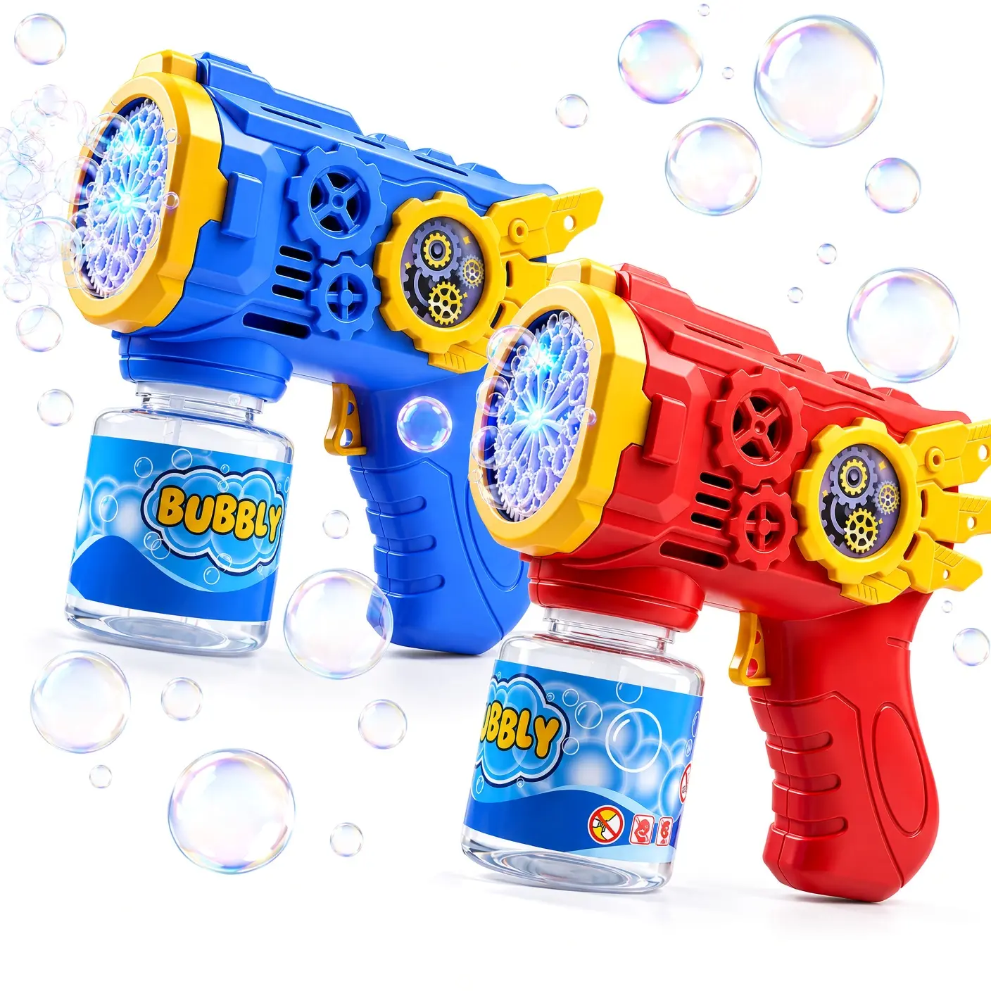 2 Pack Bubble Machine for Kids with LED Lights, 12-Hole Automatic Bubble Blasters with Bubble Solution, Battery Operated Outdoor Toys for Backyard Birthday Parties, Red and Blue