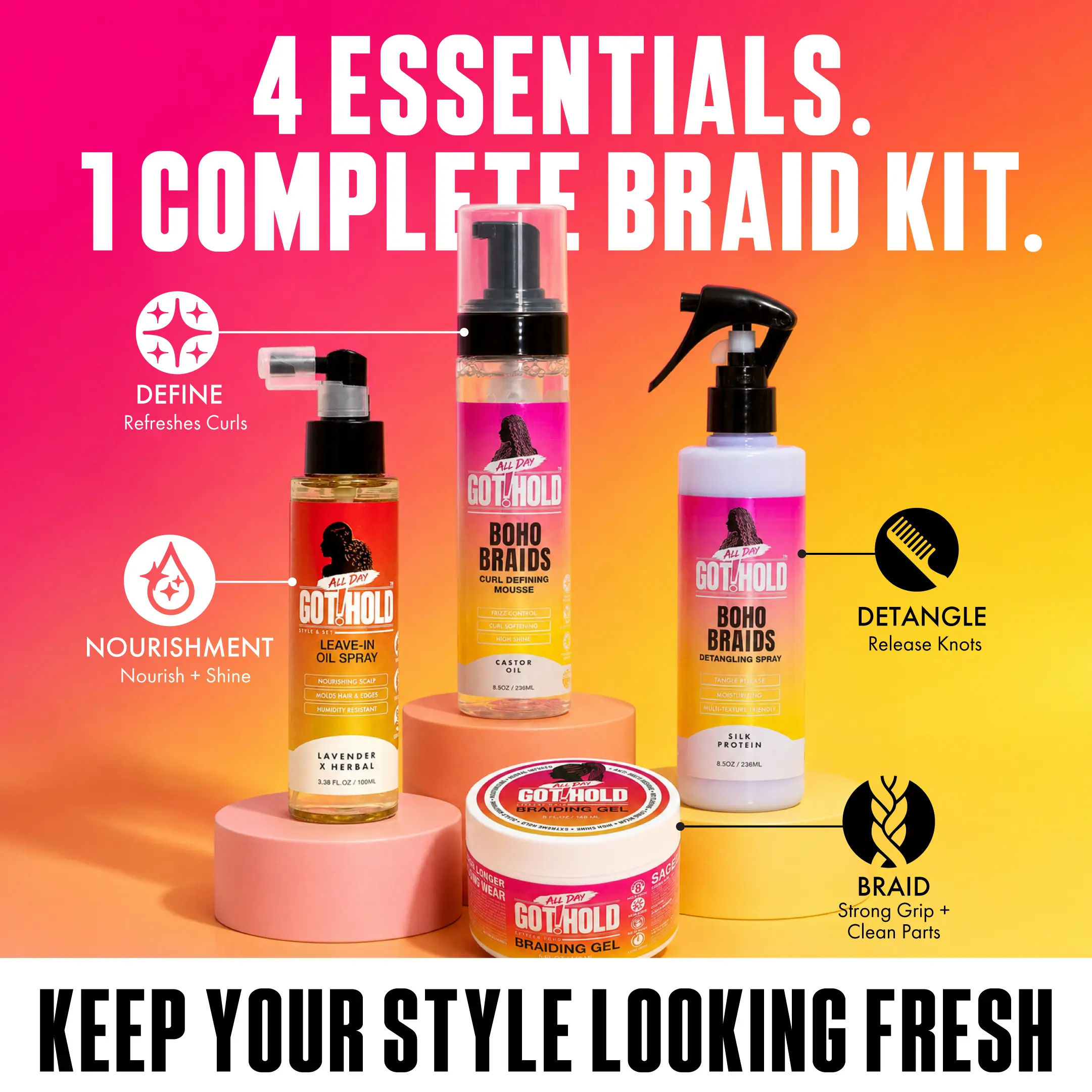 ALL DAY GOT HOLD Boho Braids Hydrating Haircare Bundle for Adults - Anti-Frizz Mousse, Gel, Daily Detangler Hairspray, Free Oil-Free Leave-In Hair Products - Lightweight Wavy/4c Curly Hair Styling Bottles with Butylene Glycol