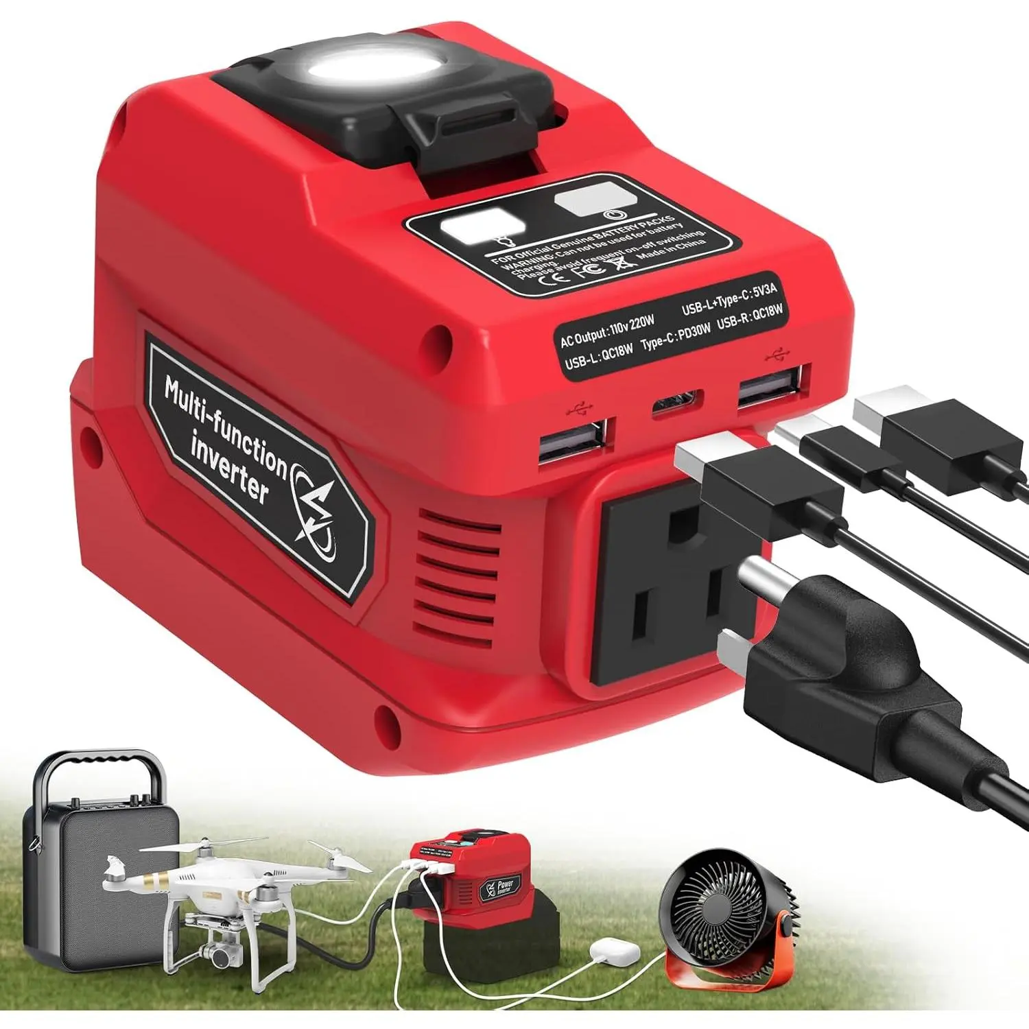 220W Power Inverter for Milwaukee 18V , DC 18V to AC 110V  Inverter, Portable Power Station Generator with 1 AC Outlet, 2 USB Ports & 1 Type-C Fast , 400LM LED Work Light