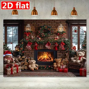 2D Flat, 2D Flat - 2D Flat, 2D Flat - [2D Flat Banner]Background Cloth Banner 1 Christmas Fireplace Background, Polyester Fiber Holiday Wall Decoration, Holiday Indoor Scene, with Socks, Pand