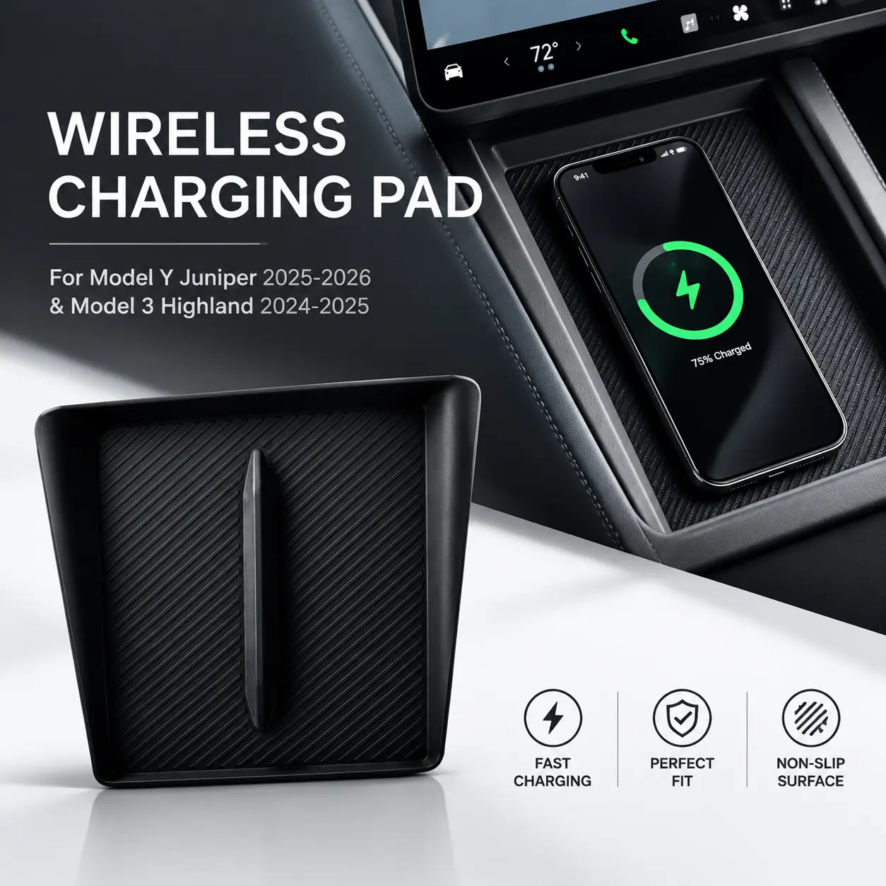 [YESHAAN ]Black Silicone Wireless Charging Pad for Tesla Model Y Juniper 2025-2026 & Model 3 Highland 2024-2025, Anti-Slip Waterproof Center Console Phone Charging Mat, Fits White & Black Interior Car Accessories, Anti-Slip Grip