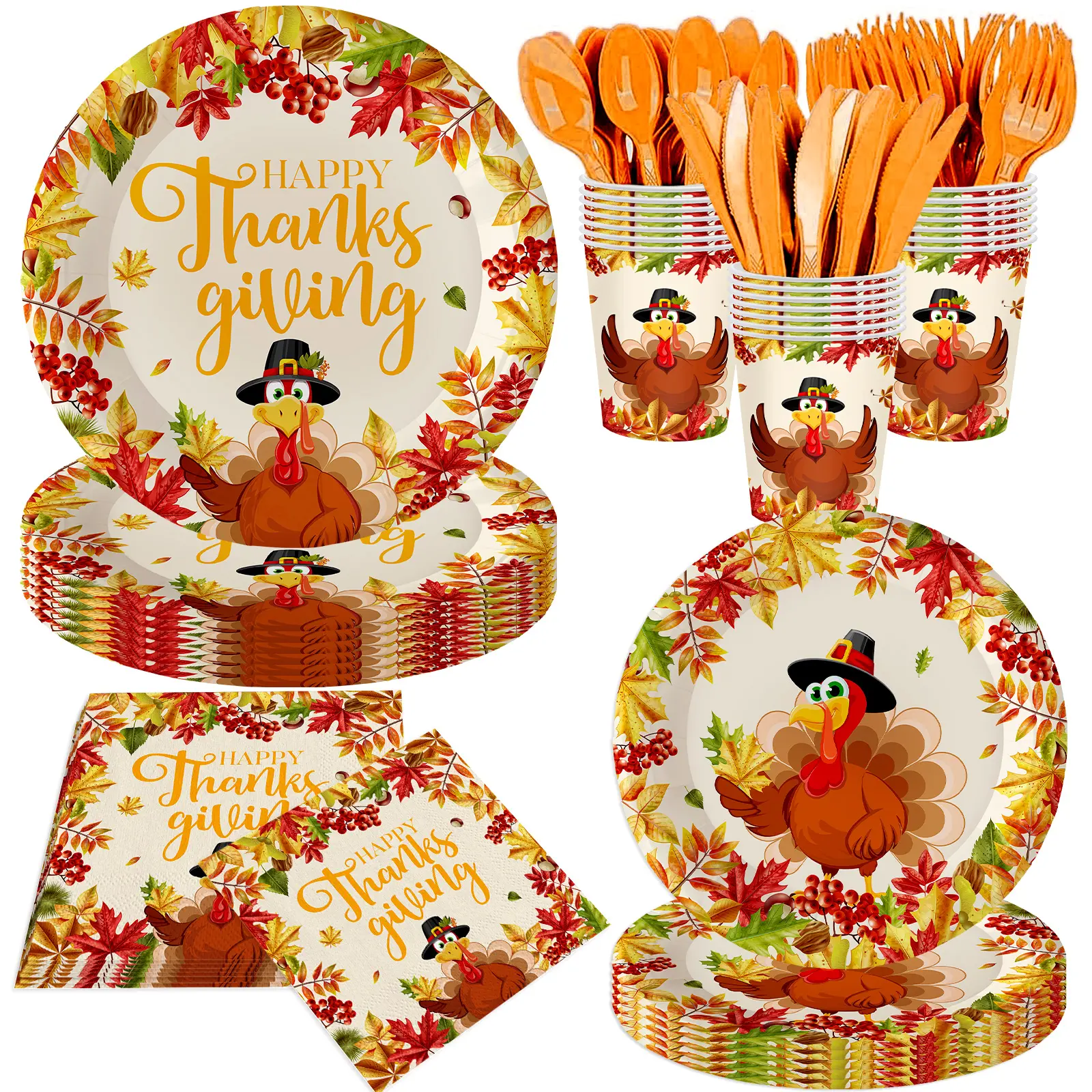 140Pcs, Happy Thanksgiving Party Decorations Turkey Plates and Napkins Thanksgiving Day Party Supplies Fall Birthday Tableware Set Maple Leaf Paper Plates, Serve for 20